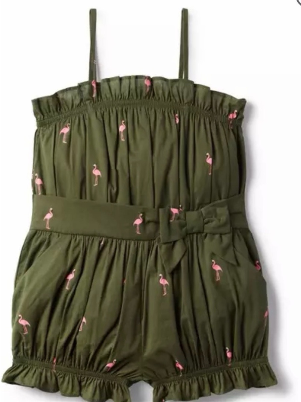 Janie and Jack Olive Green Flamingo Print Romper with Waist Bow